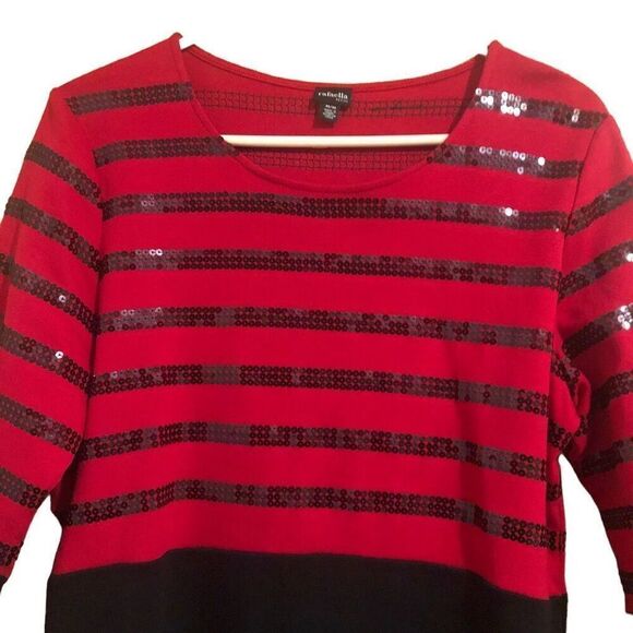 Rafaela Petite Size M Crew Neck Red Black Striped Shimmery Holiday Sweater - Picture 5 of 13